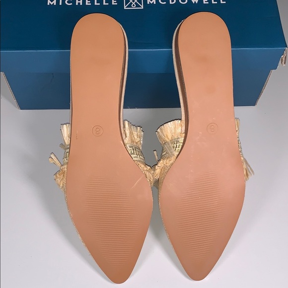 Michelle McDowell Carmen Natural Tan Woven Raffia Gold Mules Slip On Fringe 8 - Picture 6 of 11